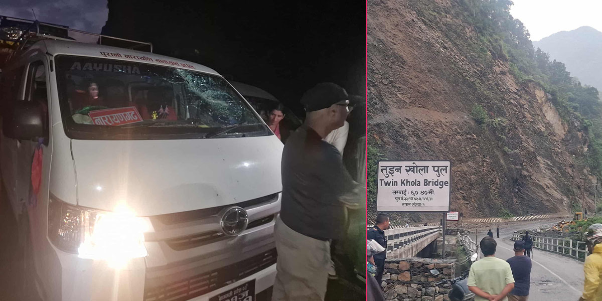 चितवनको तुइनखोलाको पहिरोले ढुंगा खस्दा माइक्रोमा लाग्यो, जामले यात्रु अलपत्र